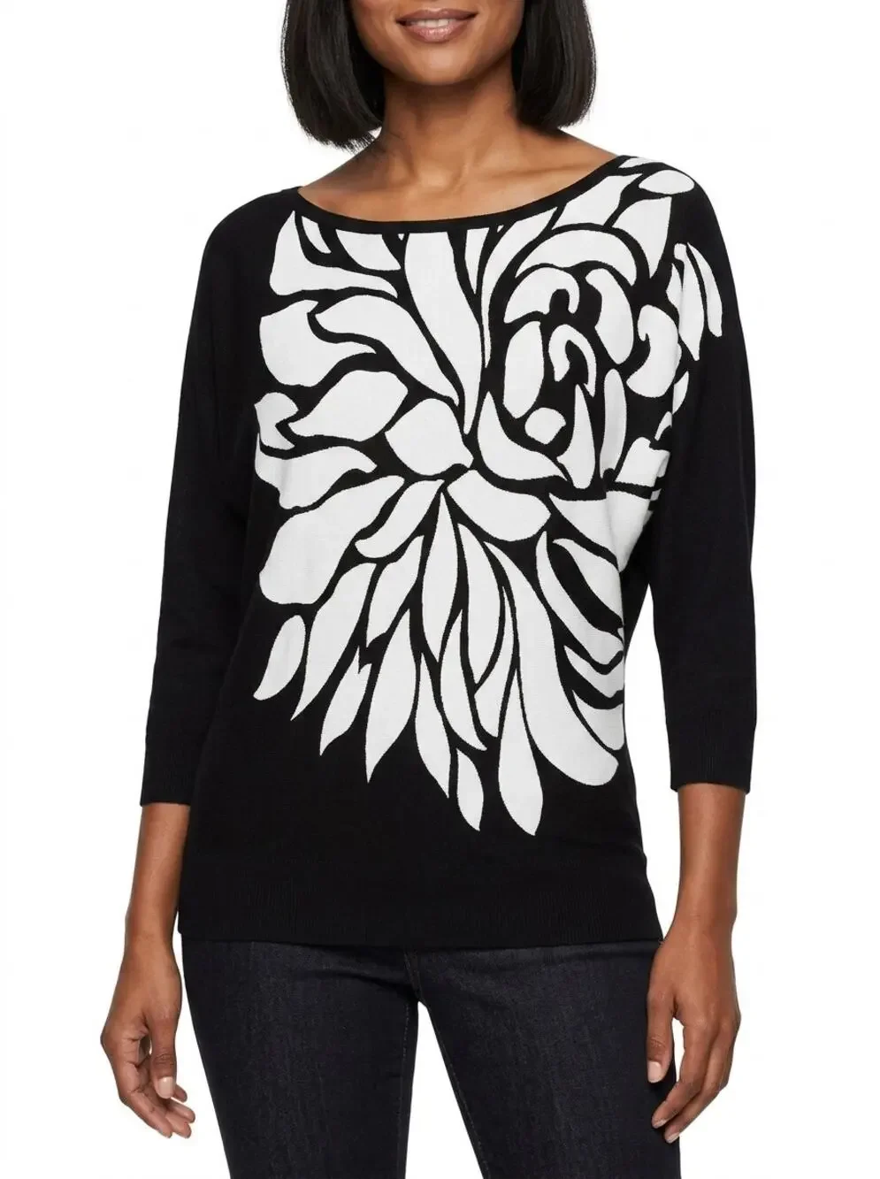 White House Black Market Black Floral Knit Dolman Sleeve Top Women Size S